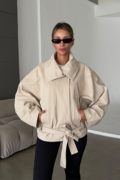 NET OF NOT Oversize Gabardin Kumaş Kuşaklı Dik Yaka Kadın Ceket