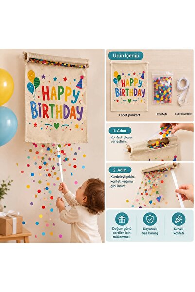 Minia Happy Birthday Konfetili Bez Pankart | Çekmeli Konfeti Sürprizi | Doğum...