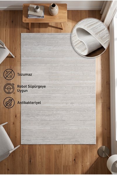 BESEV HOME CONCEPT Nova Çizgili Krem Pamuk Taban Halı Yolluk Modern Desen Öze...