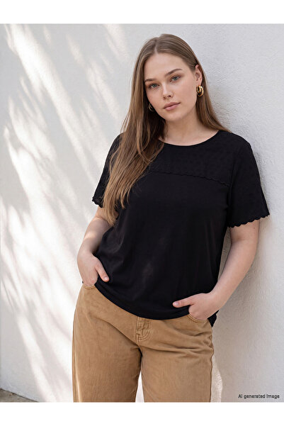 LC Waikiki Ozmarka New Season Black Plus Size Crew Neck Embroidered Blouse