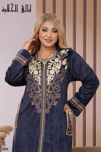 Lyaly aljlabyh Royal Navy Blue Velvet Caftan with Golden Thread Work and Embr...