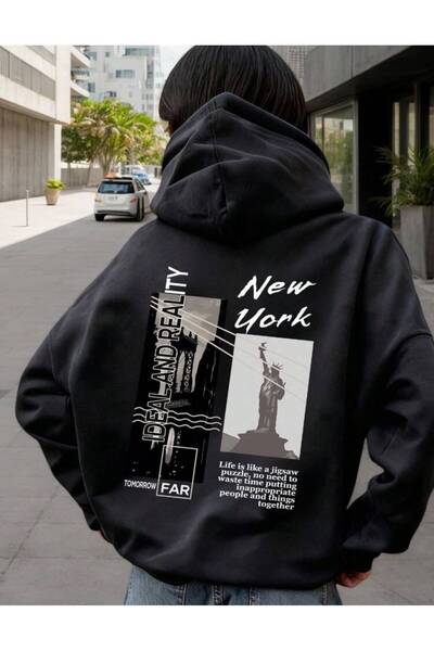 Minga London Μαύρο φούτερ με κουκούλα Ideal and Reality New York με στάμπα, σ...