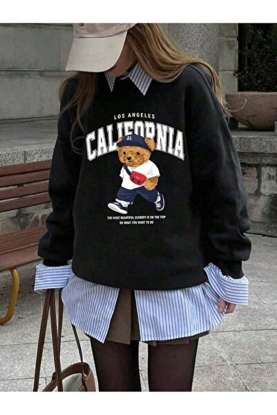 PALPİTO California Bear Graphic Large Size Casual Round Neck