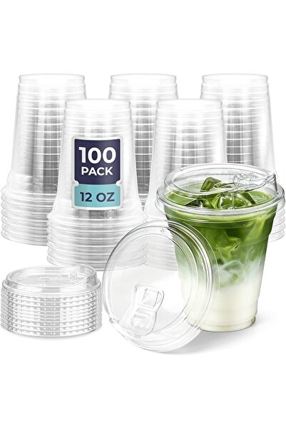 Fit Meal Prep 100 كوب بلاستيكي شفاف سعة 12 أونصة مع أغطية للشرب بدون شفاطات، ...