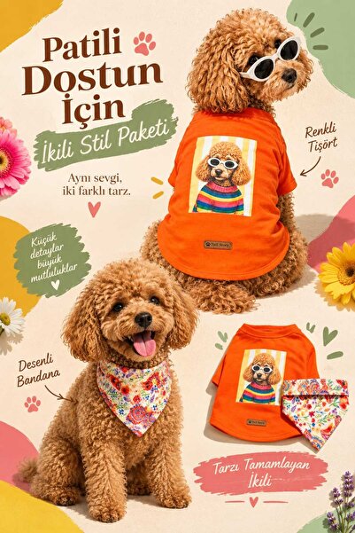 Tail Story Köpek Tişört Bandana Seti, Turuncu ve Çiçekli Tasarım İkili Kombin