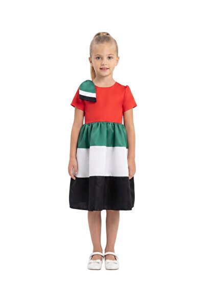 Bidani Girls' UAE National Day Flag Striped Satin Party Dress with Shoulder Bow