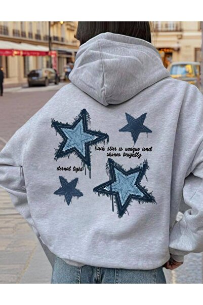 Minga London Gri Kot Detaylı Yıldız Sırt Baskılı Kapüşonlu Oversize Sweatshirt