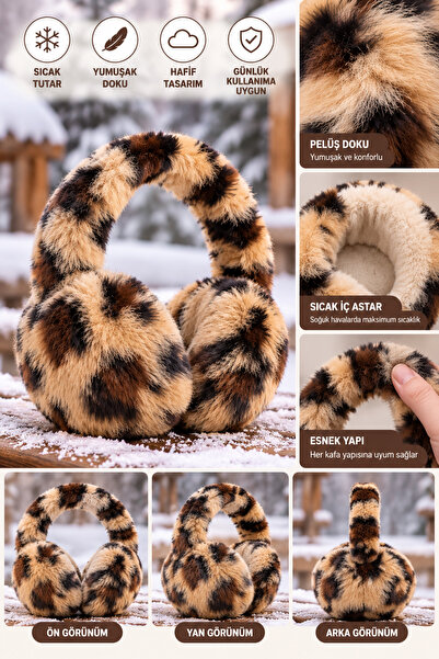 Valens Kadın Kahverengi Leopar Desenli Peluş Kışlık Kulaklık
