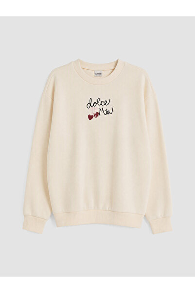 LC Waikiki Alita City Ecru Embroidered Girls' Sweatshirt with a Difference