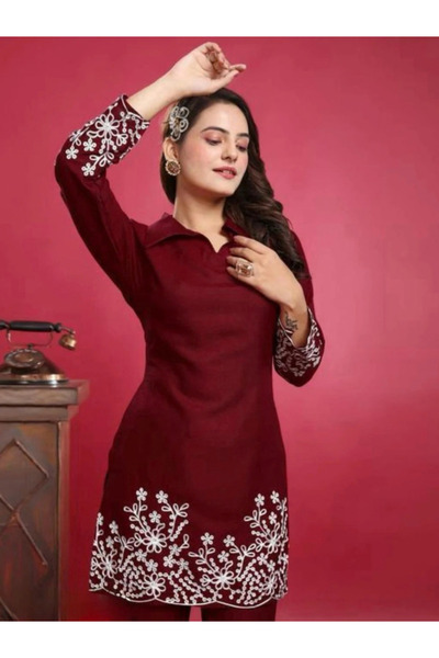 MYSMAR Maroon Slub Cotton Floral Embroidered Kurti Pant Set - LRN10093 | Maro...
