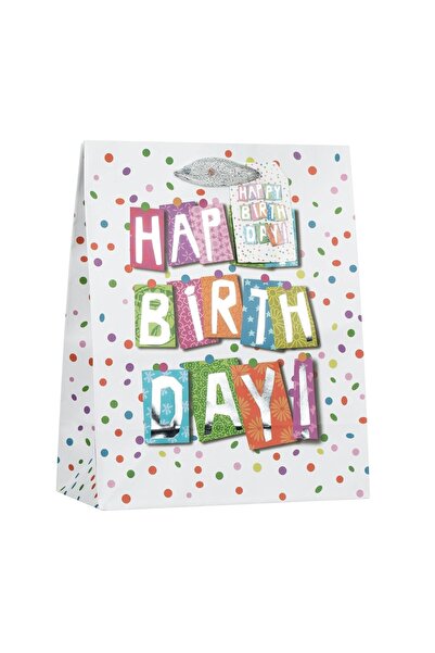 OEM Pungă cadou Happy Birthday 18x10x23 cm, albă cu buline – folie argintie ș...