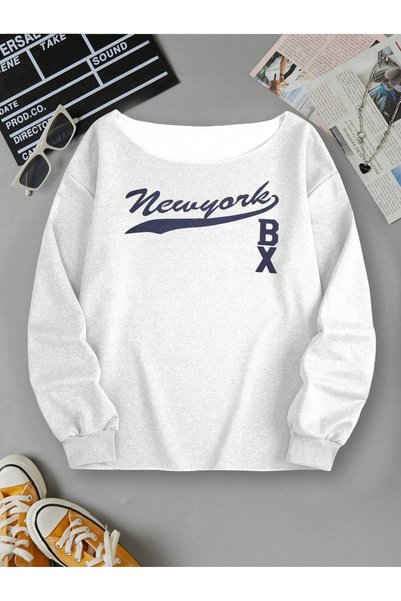PALPİTO Kadın Newyork Bx Baskılı Kayık Yaka Oversize Sweatshirt