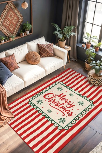 Home Merry Christmas Yazılı Kar Tanesi Desenli Yılbaşı Halısı Kaymaz Taban Yı...
