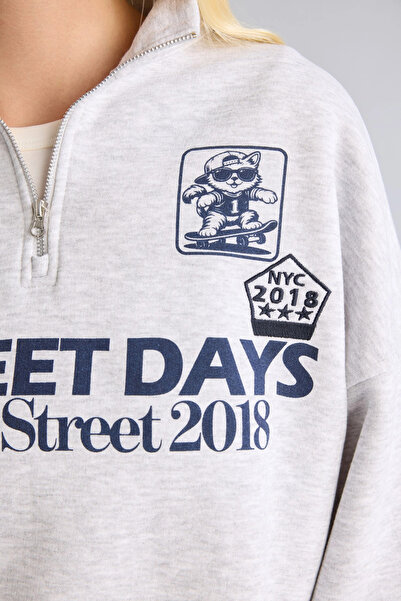 DeFacto I3016AXGR110 Gri Oversize Dik Yakalı Yarım Fermuarlı Baskılı Sweatshirt