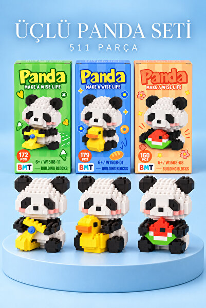 BMT TOYS 3’lü Panda Karakter Figürü Seti Brıcks 3D Mini Blok Yapı Oyuncağı - ...