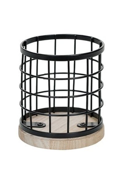 OEM Metal Pen Holder with Wooden Base Ø9x10cm