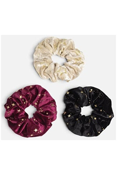 OEM Set 3 Elastice de Par Catifelate de Craciun Bordo Negru Ivoire cu Stele d...