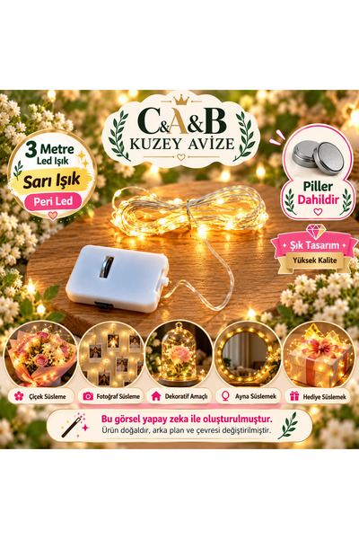 C&A&B KUZEY AVİZE 3 Metre Pilli Peri Led Işık 1 adet (Piller Dahildir) | Sıca...
