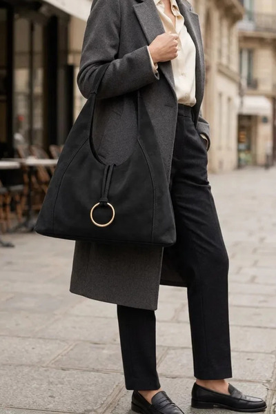 Adelina Bags Pachet de 2 genți Geantă de umăr casual din piele intoarsa, cu fermoar, model lat, 2 piese