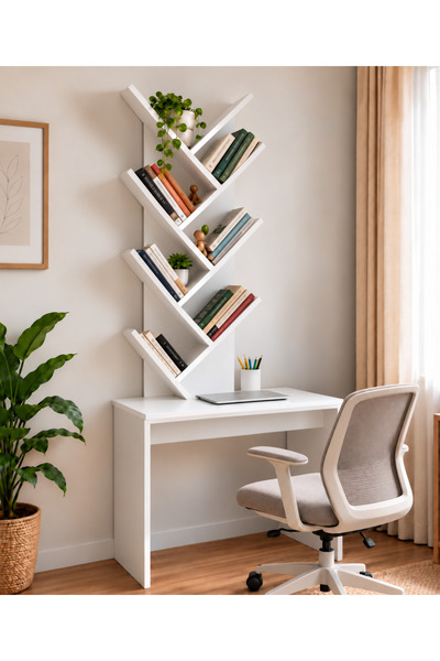 TrMuko Lale Modelli MDF Kitaplıklı Dali Çalışma Masası Beyaz 200x75x50 1. Sın...