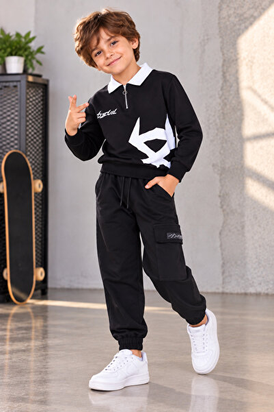SERPİL Boys' 2-Piece Tracksuit Set Black and White Printed Polo Collar Sports...