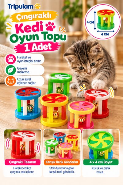 TRİPULAM Çıngıraklı Silindirik Kedi Oyuncağı 4x4 cm – Zilli Sesli Toplu Kedi Oyun Oyuncağı
