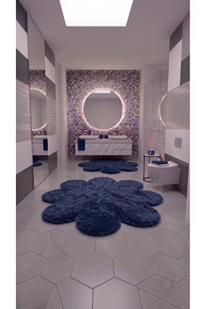 SOFT DECOR 2'Li Peluş Banyo paspası Papatya kesim Yuvarlak Halı Su emici Kloz...