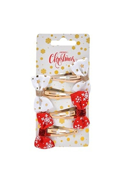 OEM Red White Christmas Metal Hair Clips with Bows, Snowflakes, Stars 5cm - 4pcs