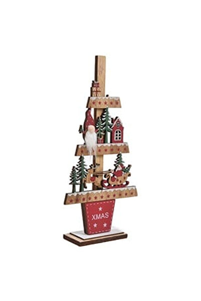 OEM Decoratiune de Craciun Brad din Lemn cu Imagini pe Baza Rosie 13x26cm