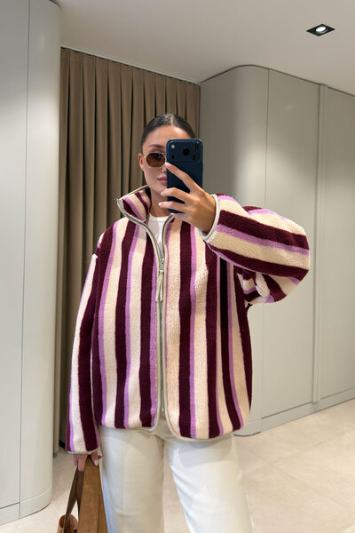MAGARDE PREMİUM ÇİZGİLİ FERMUARLI POLAR HIRKA- MOR