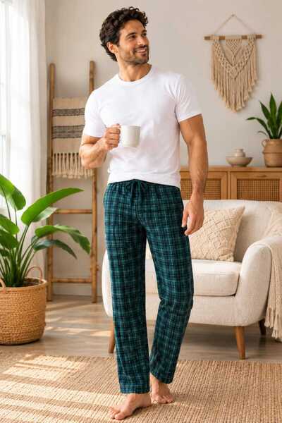 PİJART Men's Green Plaid Pajama Bottoms