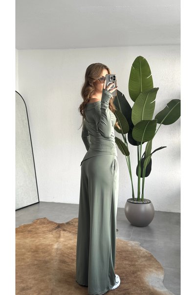 asfamoda Women's Mint Green Madonna Boat Neck Asymmetrical Cut Top and Wide Leg Elastic Pants Viral Two-Piece Set