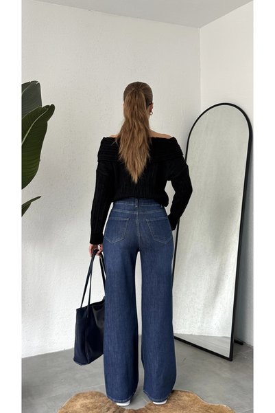 asfamoda Women's Dark Blue High Waist Wide Leg Palazzo Jean Wide Leg Loose Cut Denim Trousers