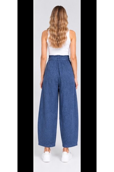 SheLoria Women's Blue High Waist Barrel Cut Belted Thick Cashmere Trousers with Pockets