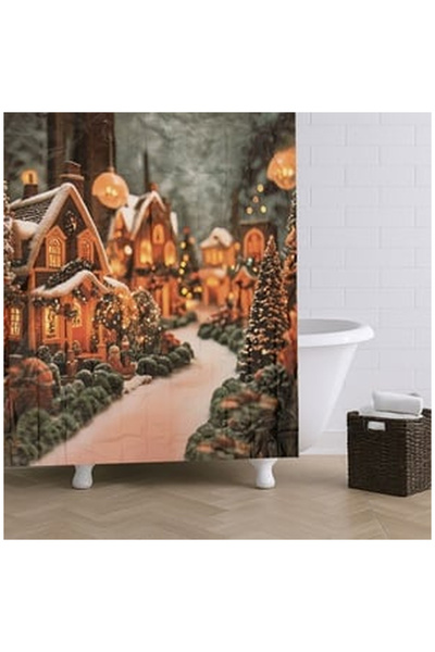 OEM Perdea de Dus din Peva cu Model de Craciun Case Ninse 180x180cm