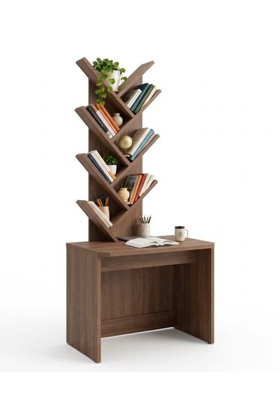 TrMuko Lale Modelli MDF Kitaplıklı Dali Çalışma Masası Ceviz 200x75x50 1. Sın...