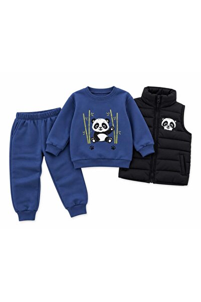 Generic Brand Compleu băieți 3 piese Panda – vestă matlasată, bluză și pantaloni
