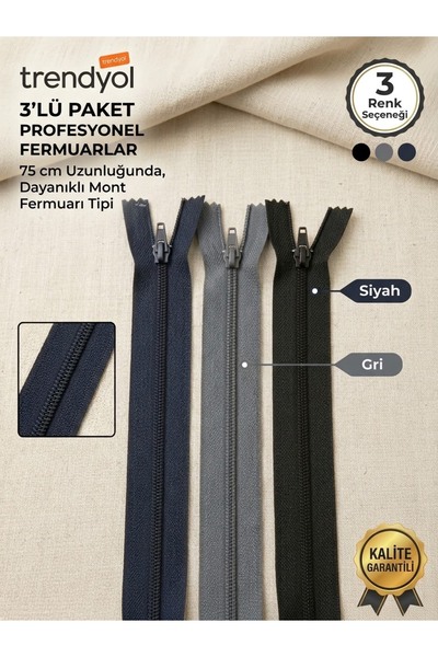 3 Adet 3 Farklı Renk 75 Cm Fermuar ( Siyah,Lacivert ve Gri Mont Fermuarı)