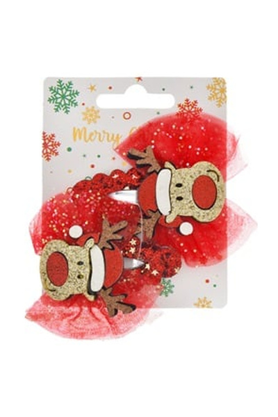 OEM Clame Par de Craciun Fundite Rosii din Tul cu Ren & Glitter 6,5cm - 2buc