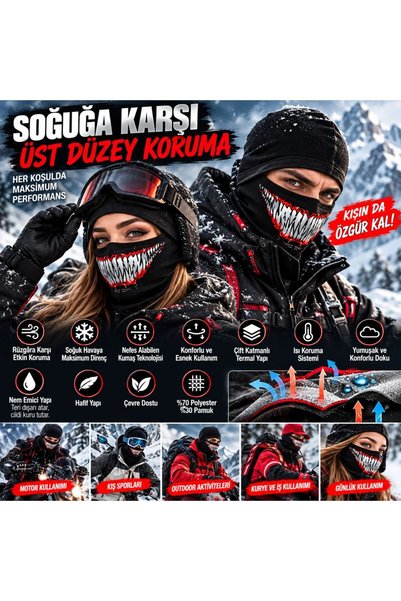 Generic Brand Wak Unisex Full Face Balaclava Teeth Patterned Winter Mask Breathable Flexible under Helmet Neck Gaiter Soft Viscose