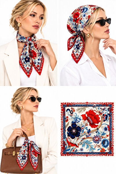 Mavi Masal Bandană din satin pentru femei, roșu, bleumarin, cu model floral b...