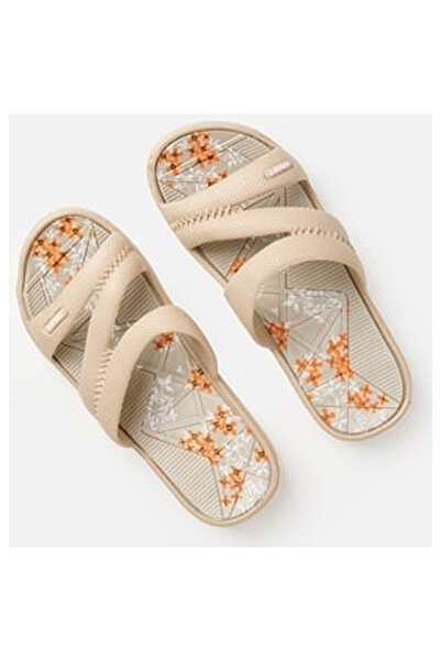 OEM Slapi Tip Slides cu Talpa Florala & Barete Triple Bej pentru Femei