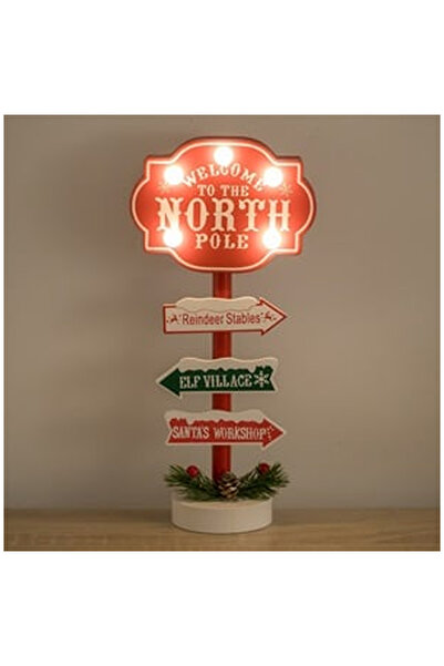 OEM Tabela Decorativa de Craciun din Lemn Rosie "North Pole"" cu Funda & Lumi...
