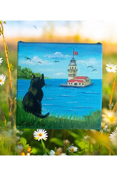 Genel Markalar Onerose Art El Boyaması Kız Kulesi ve Kedi Mini Tablo 10x10 cm...