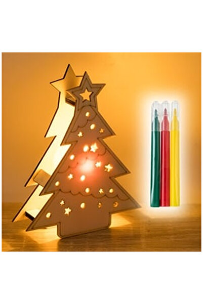 OEM Set Creativ de Craciun Brad din Lemn cu Lumina & 3 Carioci 12x15cm