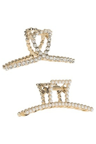OEM Clame Par Aurii cu Strass & Margele Albe pentru Femei 7.5cm - 2buc