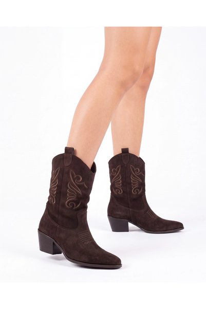 Tibu Ayakkabı Women's Bitter Brown Suede Embroidered Western Talia Cowboy Boots