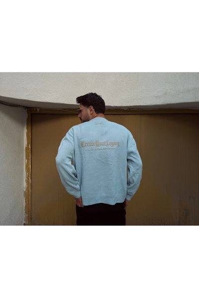 Genel Markalar İşlemeli Bisiklet Yaka Oversize Erkek Triko Kazak