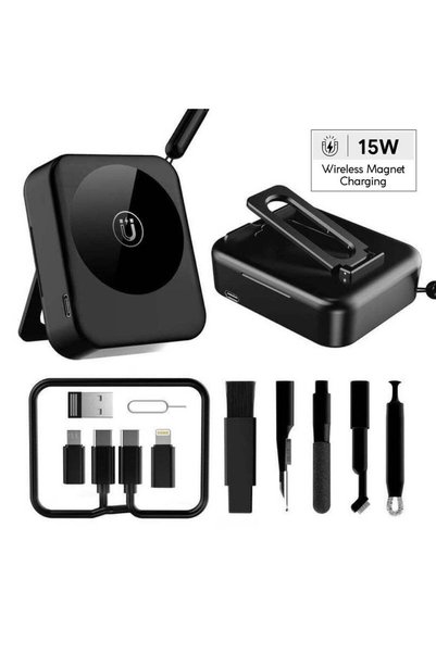 MAXPRINT Romont - 6-in-1 Mag Wireless Charger, Multicable & Cleaning Kit, Black