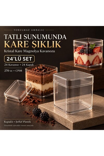 yorulmaz ambalaj Kristal Kare Magnolya Kavanozu 270 Cc Kapaklı 24’lü – Cp08 Ş...